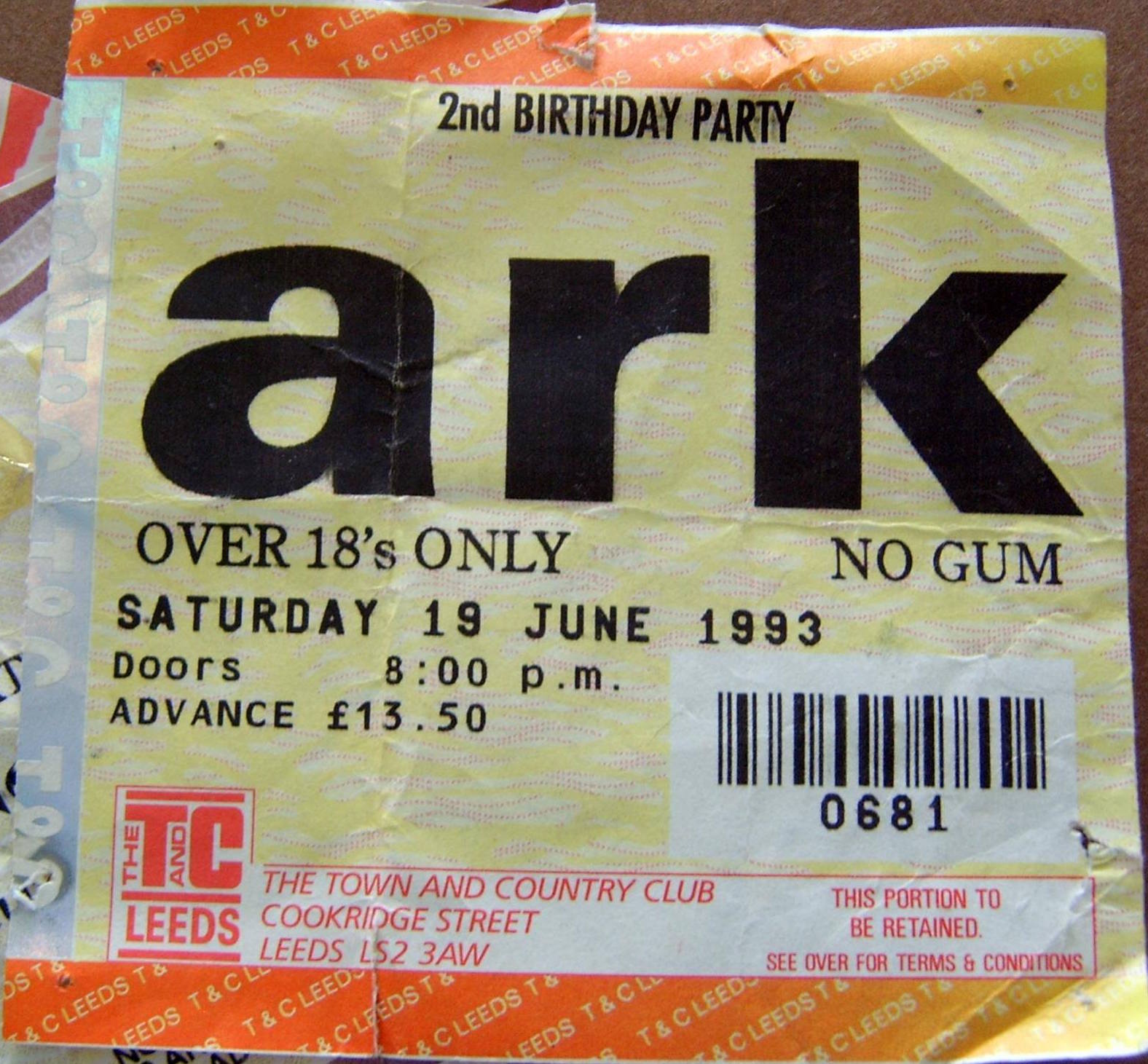 Ark 2nd Birthday Town And Country Leeds 19th June 1993 Ticket