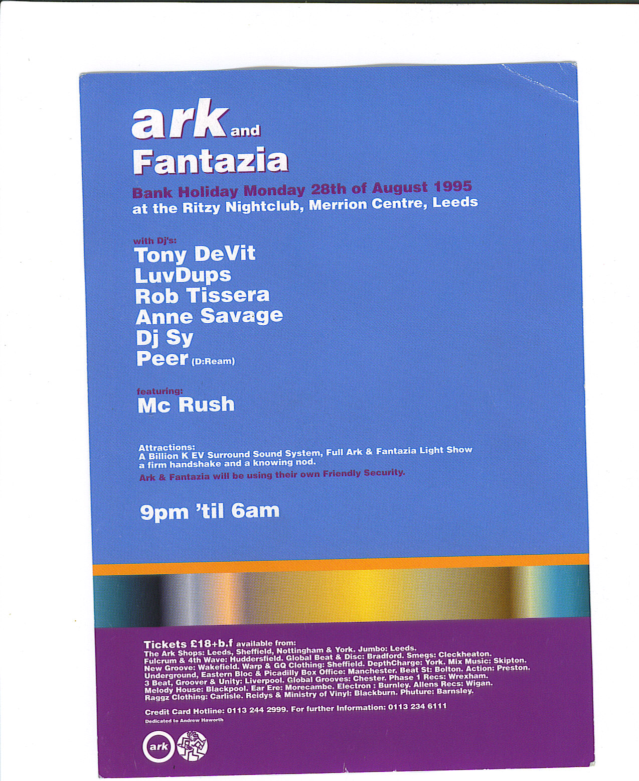 Ark And Fantazia Ritzy Leeds Monday 28th Aug 1995 Back